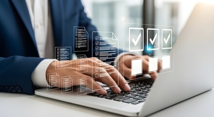 Checklist Approval with Business Person Typing on Laptop | Digital Document Management System for Audit Compliance and Task Management