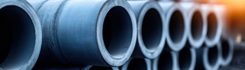 Stacked industrial metal pipes arranged horizontally, with a shallow depth of field highlighting texture and circular openings.