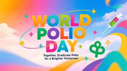 Colorful fonts, syringes, and patterns represent working together to eliminate polio, used for public welfare promotion and vision transmission scenes.