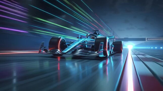 A futuristic formula one race car with neon lights speeding down a track in a dark environment