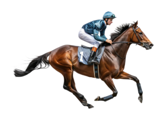 Caucasian male jockey racing on brown horse displaying speed and focus
