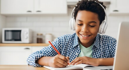 Boy Smiling While Studying at Home

