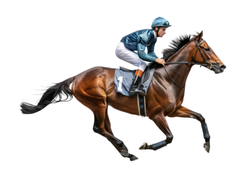 Caucasian male jockey racing on brown horse displaying speed and focus