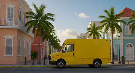 Fototapeta premium Bright yellow delivery truck on a tropical street with colorful buildings