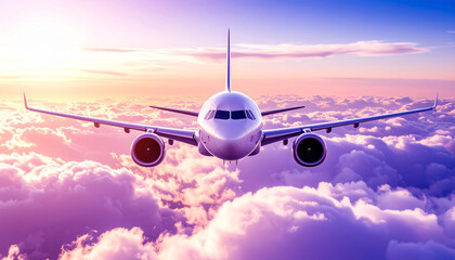 Sleek modern commercial airplane flying above soft violet clouds in golden hour cinematic lighting sky scene
