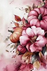 Autumnal Pumpkins and Leaves Watercolor Design, space for text