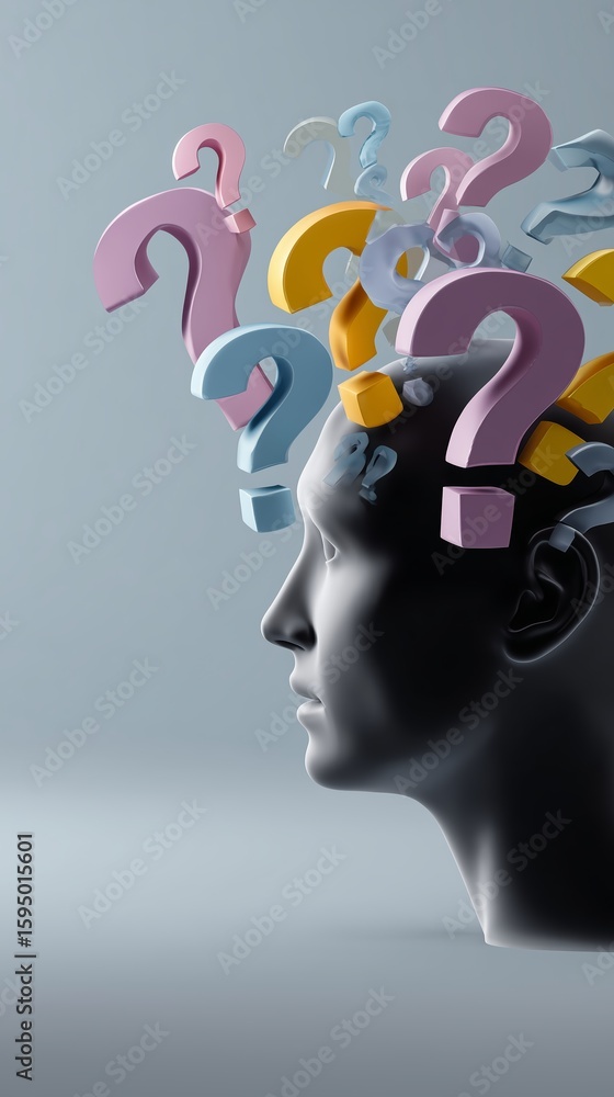 Poster conceptual representation of curiosity with colorful question marks emerging from a human head silho