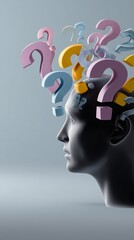 Conceptual representation of curiosity with colorful question marks emerging from a human head silhouette