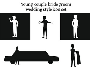 oung couple bride groom wedding style with pose icons set 