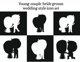 Young couple bride groom wedding style with pose icons set 