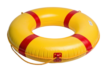 Yellow lifebuoy with red stripes for water safety and rescue operations