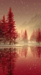 Fototapeten Winter landscape with red trees and snowy mountains reflecting in tranquil water at sunrise © Georg