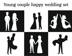 Young couple bride groom wedding style with pose icons set 