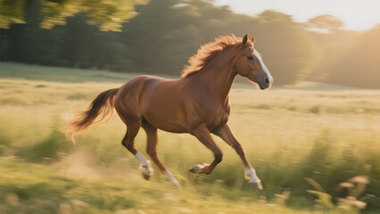 Obraz premium A chestnut horse gallops freely across a sunlit meadow.
