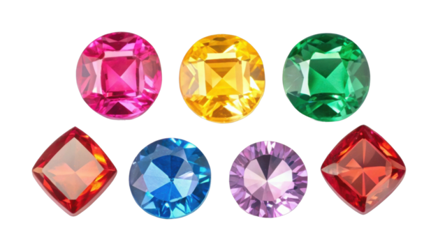 Assorted colorful gemstones display with varied shapes and cuts