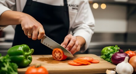 Chef Slicing Fresh Tomatoes on a Cutting Board