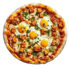 Delicious breakfast pizza topped with eggs, cheese, and herbs, perfect for brunch gatherings or a cozy meal at home. on transparent background