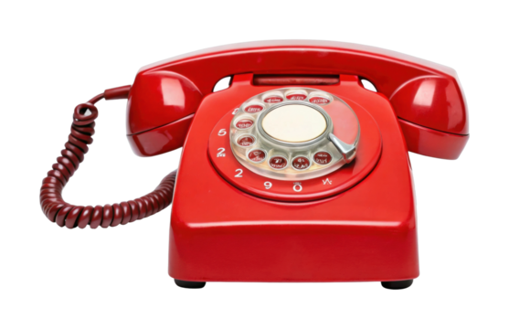 Vintage red rotary dial telephone with coiled cord