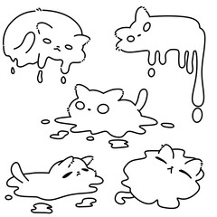 set of funny melting cat line art outline 