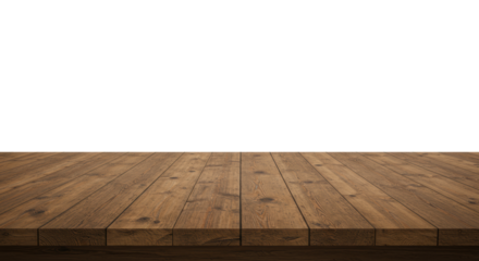 Rustic empty wooden tabletop with distinct planks and natural medium brown wood grain, isolated on a transparent background with ample copy space, low angle studio lighting, product photography