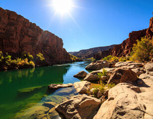 Exploring the serene beauty of a rocky river landscape under the bright sunlight