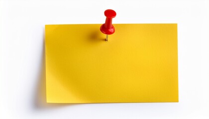 blank light yellow paper note with red push pin isolated on white background