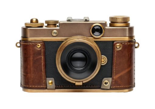 Vintage brass and leather camera with classic design