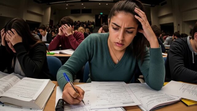 Stressed Young Woman Grappling with Difficult Exam Questions in a Crowded University Lecture Hall, Representing Academic Pressure and Study Overwhelm