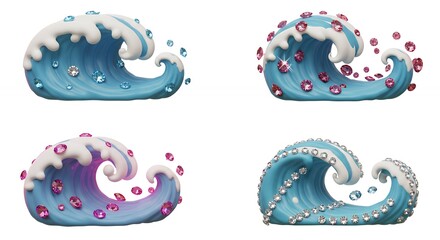 Stylized wave illustrations in various shades and compositions for decorative design elements