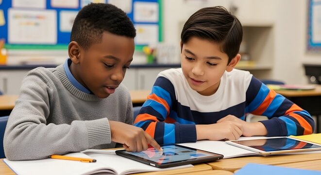 Multiethnic Group of Schoolboys Learning Together

