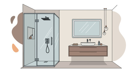 Modern bathroom with shower and vanity with mirror