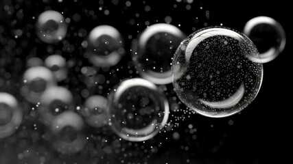 Black and white animation of transparent air bubbles drifting through a dark fluid medium with floating micro particles and soft depth of field - Powered by Adobe