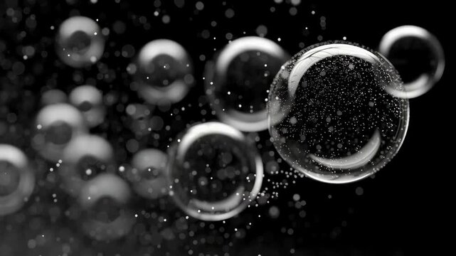 Black and white animation of transparent air bubbles drifting through a dark fluid medium with floating micro particles and soft depth of field - Powered by Adobe