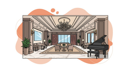 Elegant living room interior with chandelier and grand piano