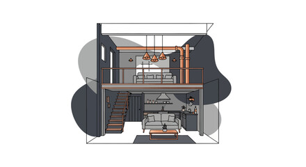 Modern loft interior with sofa kitchen and staircase