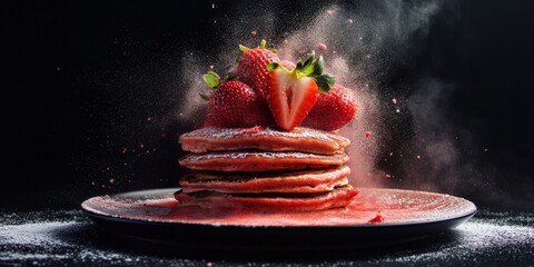 Delicious strawberry pancakes for breakfast, food photography fo