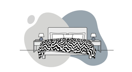 modern bedroom with patterned bedding and bedside tables