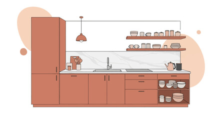 Modern kitchen with open-shelf storage and soft color palette