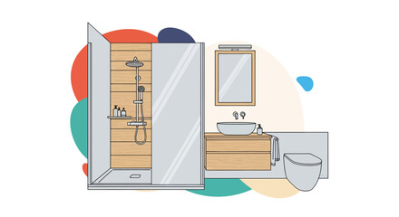 Modern bathroom with shower, sink, and toilet for interior design