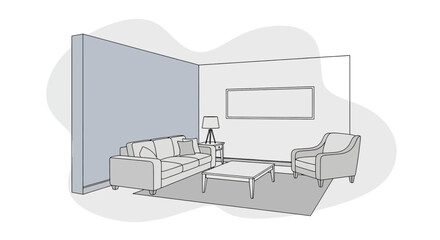 Modern living room with sofa armchairs and wall art