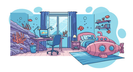 underwater themed bedroom with submarines and aquatic decor