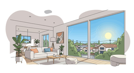 modern living room with large windows and view of neighborhood