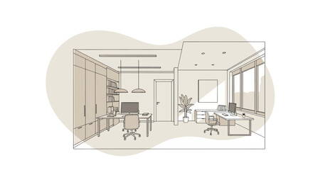 Office interior with desks chairs and large windows