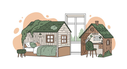 Cozy bedroom with wooden houses and greenery in a charming setting