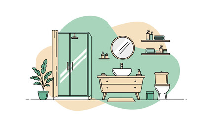 Modern bathroom with shower, vanity, and accessories
