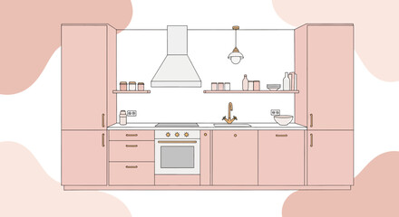 Minimalist kitchen with pastel pink cabinets and open shelving