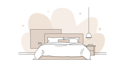 Minimalist bedroom scene with bed, pillows, and bedside table
