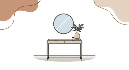 Minimalist living room interior with console table and round mirror