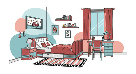 Interior of a cozy bedroom with bed desk and wall decorations