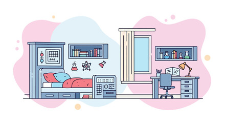 Interior of a child's bedroom with study area and bookshelves